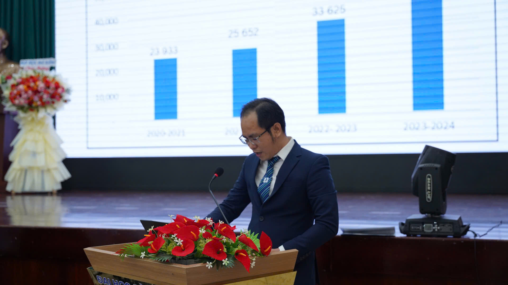 ThS. Trần Thanh Liêm - Đại diện Trung tâm Đào tạo thường xuyên - Đại học Đà Nẵng trình bày báo cáo tham luận  “Ứng dụng trí tuệ nhân tạo để nâng cao hiệu quả tuyển sinh và đào tạo từ xa”.
