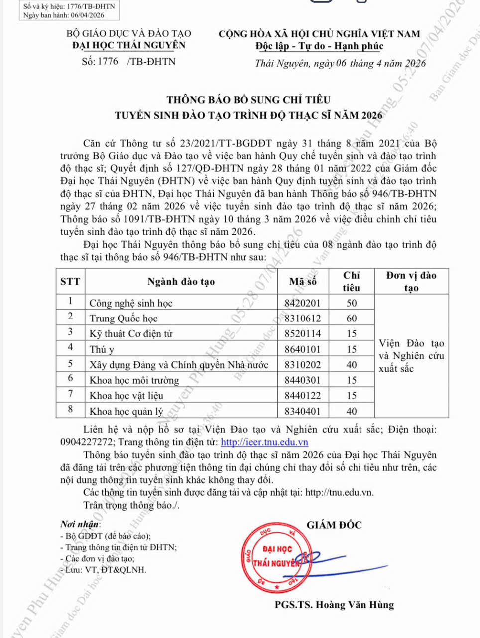 Th&ocirc;ng b&aacute;o bổ sung chỉ ti&ecirc;u tuyển sinh đ&agrave;o tạo tr&igrave;nh độ Thạc sĩ năm 2026 (Viện Đ&agrave;o tạo v&agrave; Nghi&ecirc;n cứu xuất sắc - Đại học Th&aacute;i Nguy&ecirc;n)